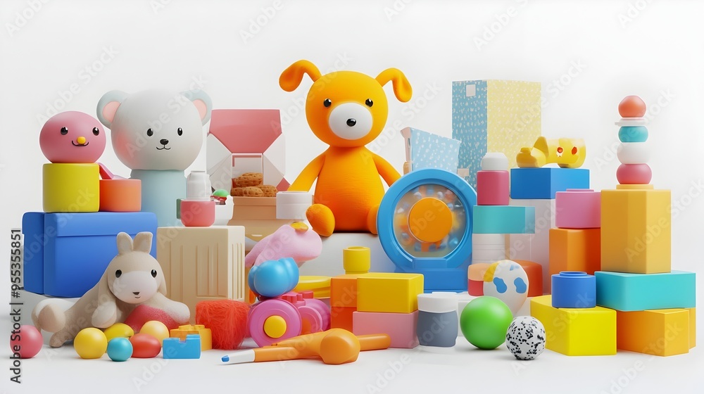 Fototapeta premium Vibrant Toy Store Promotion Diverse Playthings Showcased on Pristine White Background