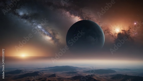 A large planet hangs in the sky above a distant, desert planet, with the Milky Way galaxy and a distant nebula swirling in the background.