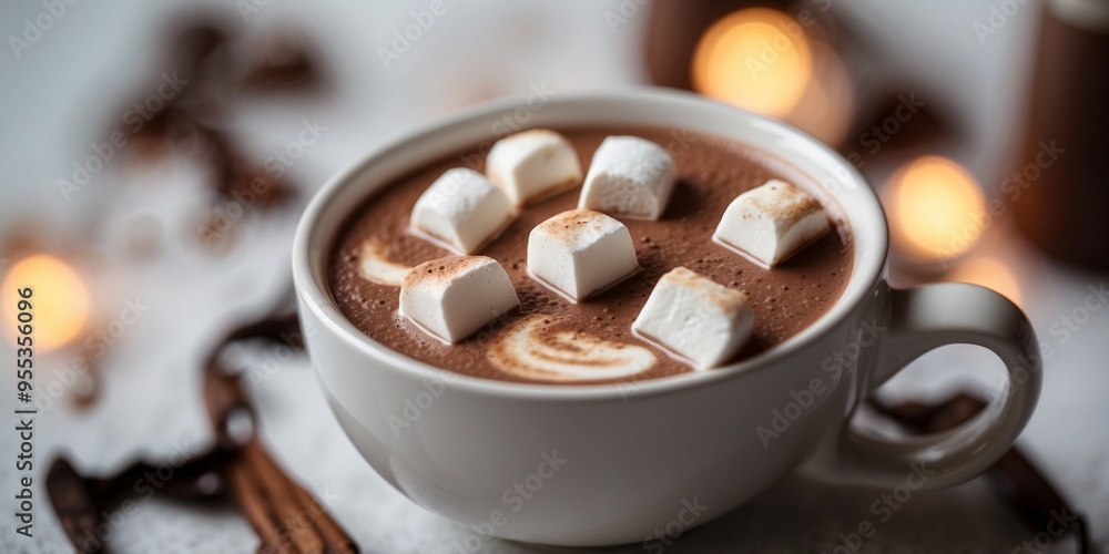 Hot cocoa with marshmallows on white table. Hot cocoa with marshmallows on white table.