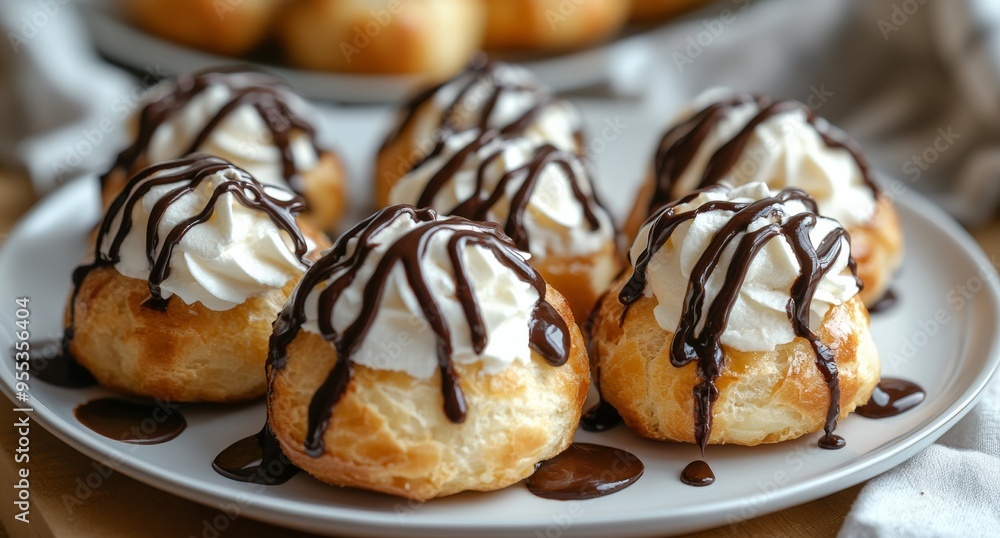 Delicious cream puffs with chocolate drizzle and whipped cream served on a white plate Delicious cream puffs with chocolate drizzle and whipped cream served on a white plate