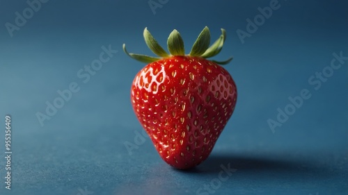 A strawberry on a modern blue background Minimal summer food concept. photo