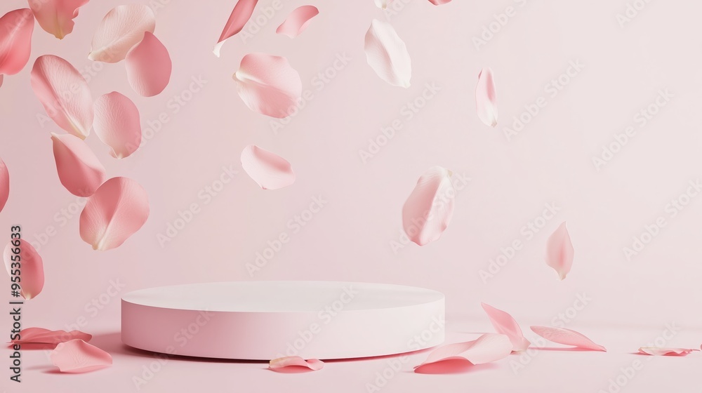 An elegant 3D podium with empty space, surrounded by floating abstract petals, set against a pastel pink background, ideal for floral and fragrance product advertising An elegant 3D podium with empty space, surrounded by floating abstract petals, set against a pastel pink background, ideal for floral and fragrance product advertising