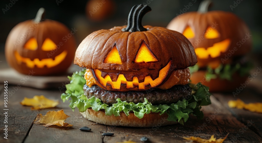 A spooky Halloween burger with a pumpkin-shaped bun and fall decorations on a wooden table A spooky Halloween burger with a pumpkin-shaped bun and fall decorations on a wooden table