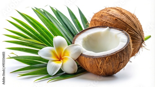 Low angle view of coconut tree flower spadix isolated on white background photo