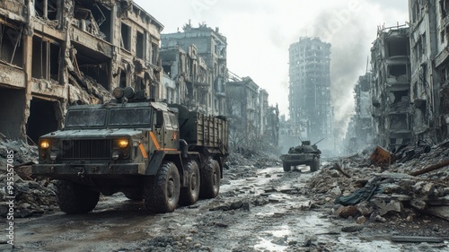 Military convoy navigating war-torn city. Rubble, damaged buildings around.