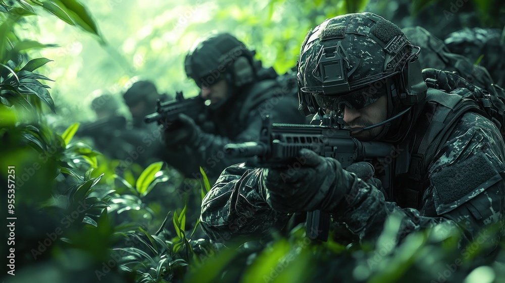Soldiers in jungle ambush. Camouflaged, ready to engage. Soldiers in jungle ambush. Camouflaged, ready to engage.