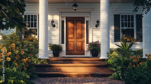 Sunlight bathes the front porch, door and garden of a classic american house