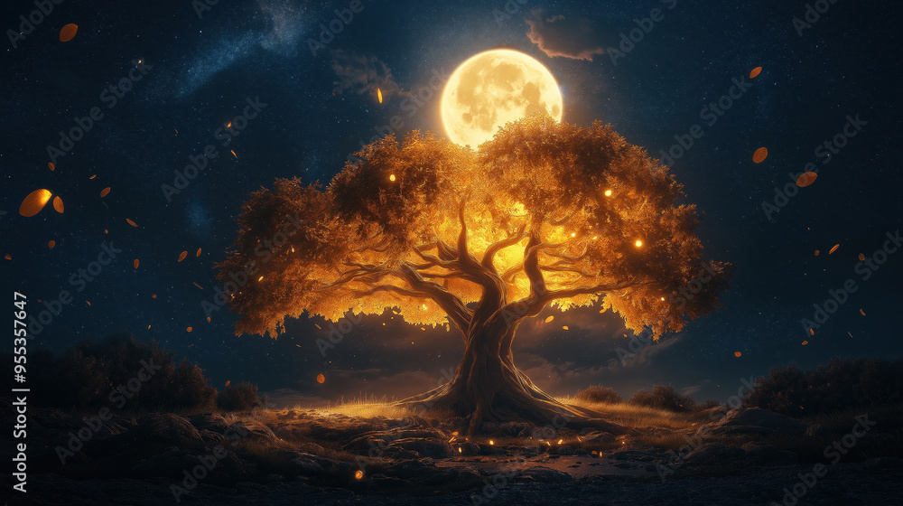 Mystical Tree Illuminated by Moonlight in a Magical Night Landscape Mystical Tree Illuminated by Moonlight in a Magical Night Landscape