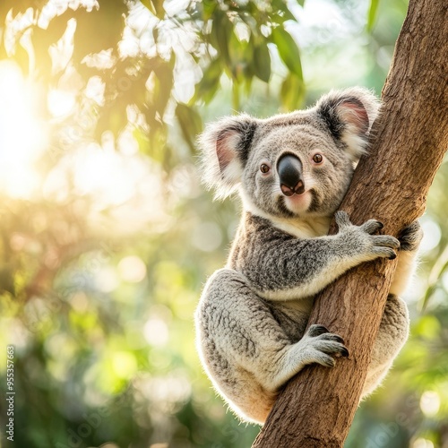 A cute koala clings to a tree, basking in the warm sun amidst lush greenery, showcasing the beauty of wildlife.