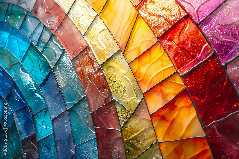 Fototapeta premium Medieval random pieces of glass pattern with backlight. Abstract background with colorful stained glass mosaic, multi-layer stained glass
