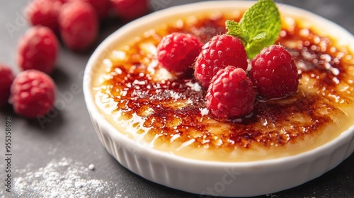 Wallpaper Mural Close-up shot of Crème brûlée with raspberries. The caramelized sugar topping is perfect for a sweet dessert photo. Torontodigital.ca