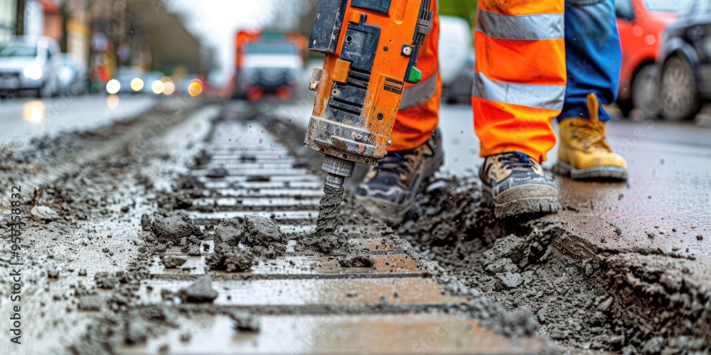 Construction worker using a drill to create a hole in the roadway during urban repairs Construction worker using a drill to create a hole in the roadway during urban repairs