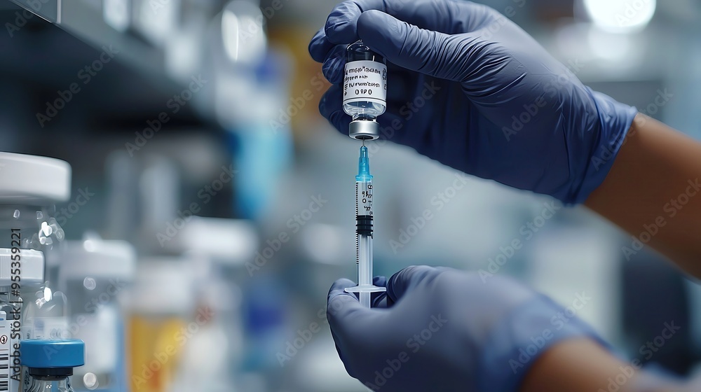 OPV Vaccine dose A healthcare professional using a syringe to extract a vaccine from a vial in a medical laboratory setting. OPV Vaccine dose A healthcare professional using a syringe to extract a vaccine from a vial in a medical laboratory setting.