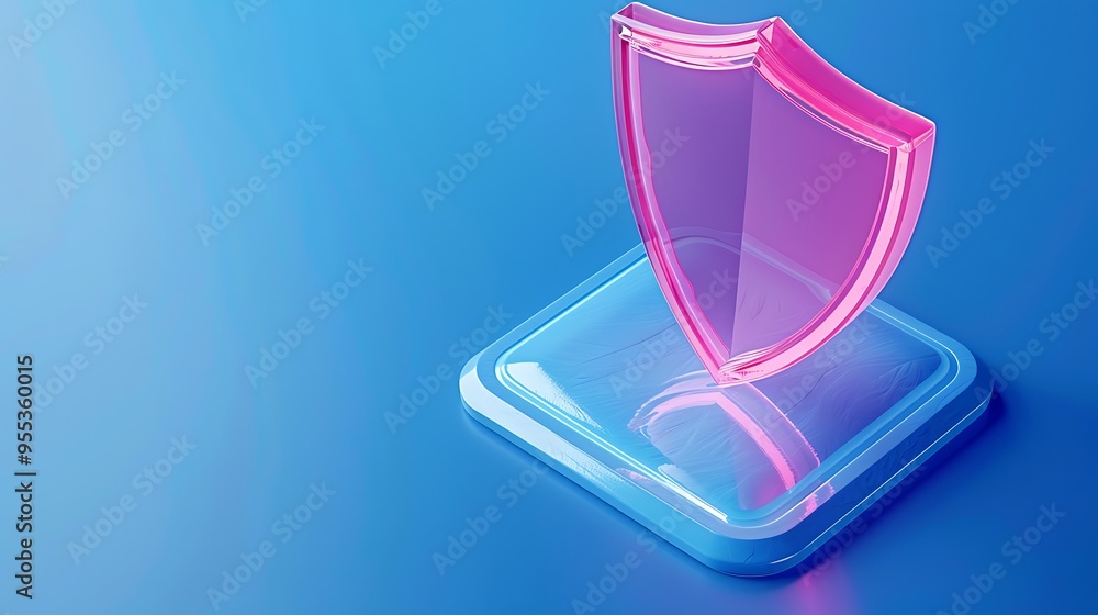 3D illustration of a pink shield on a blue background. Concept of digital security, protection, and safety in technology. 3D illustration of a pink shield on a blue background. Concept of digital security, protection, and safety in technology.