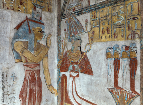 Bilde på lerret Reliefs  of the egyptian goddess Isis and the god Osiris in the tomb of Tausert and Setnakht in the valley of the kings