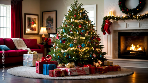 Wallpaper Mural presents wrapped in colored paper and decorated with bows lie on the floor in front of a festively decorated christmas tree Torontodigital.ca
