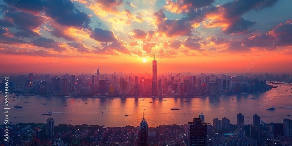 Fototapeta premium Sunset Over a Cityscape With a River