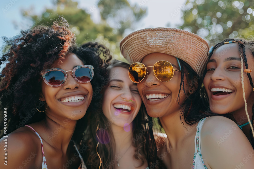 A photo of four girlfriends laughing joyfully, standing against a background of green vegetation. The girls are dressed in summer clothes and sunglasses, which creates an atmosphere A photo of four girlfriends laughing joyfully, standing against a background of green vegetation. The girls are dressed in summer clothes and sunglasses, which creates an atmosphere