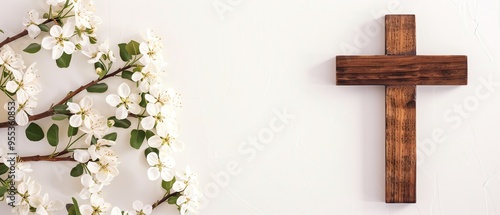 Wooden cross with white flowers on a light background, symbolizing peace