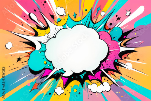 Comic art style exploding pop speech bubble background colourful 