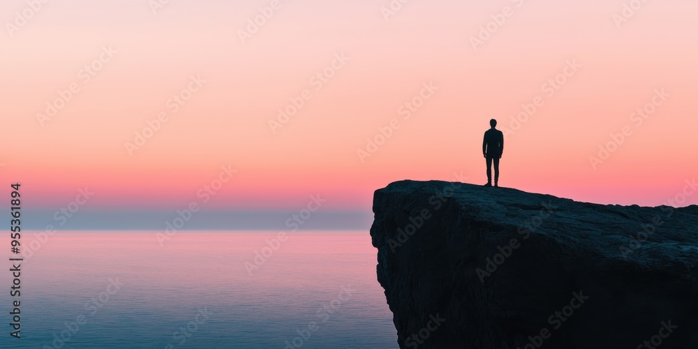 A solitary figure stands on the edge of a cliff, gazing at the serene ocean during a breathtaking sunset. A solitary figure stands on the edge of a cliff, gazing at the serene ocean during a breathtaking sunset.