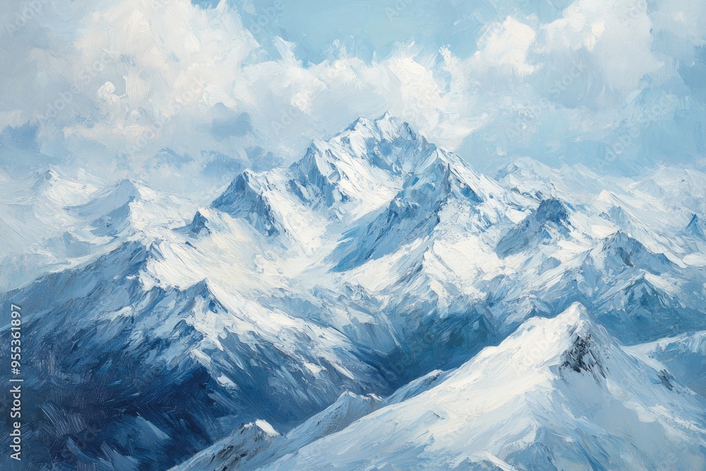 Aerial view of snow capped mountain peaks depicted in an oil painting showcasing a stunning landscape Aerial view of snow capped mountain peaks depicted in an oil painting showcasing a stunning landscape