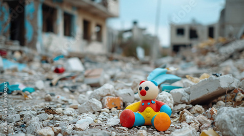 Fototapeta Naklejka Na Ścianę i Meble -  a child's abandoned toy in a rubble-strewn street