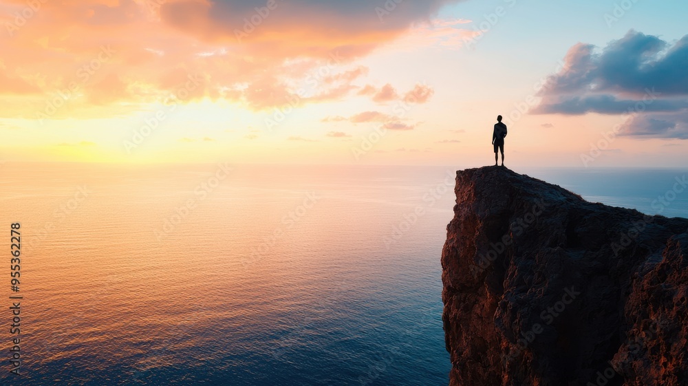 A lone figure stands on a cliff overlooking a tranquil sea at sunset, capturing the beauty of nature and solitude. A lone figure stands on a cliff overlooking a tranquil sea at sunset, capturing the beauty of nature and solitude.