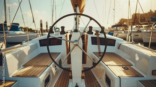 Sailor at the helm  a modern sailing yacht s cockpit with hands on the steering wheel photo