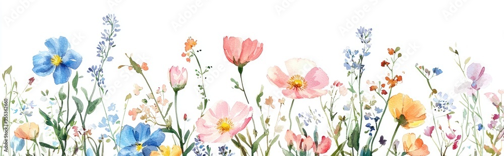 Watercolor illustration of summer flowers in a garden hand painted and isolated on a white background Watercolor illustration of summer flowers in a garden hand painted and isolated on a white background
