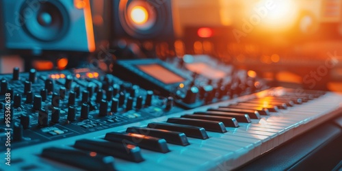 keyboard in a modern music studio, showcasing vibrant colors and sound equipment for creative inspiration.