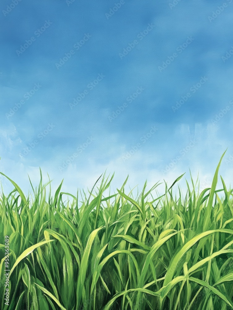 Oil painting showcasing lush green grass with a backdrop of a clear blue sky capturing the essence of a vibrant natural landscape Oil painting showcasing lush green grass with a backdrop of a clear blue sky capturing the essence of a vibrant natural landscape