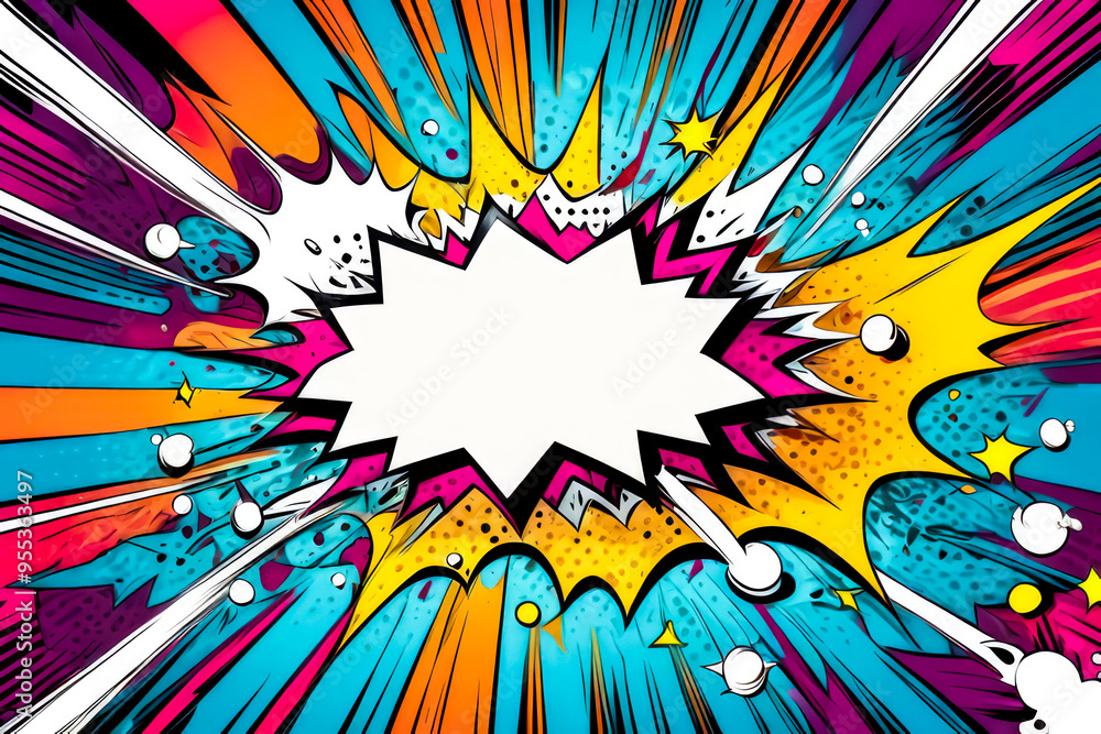 Fototapeta premium Comic art style exploding pop speech bubble background colourful
