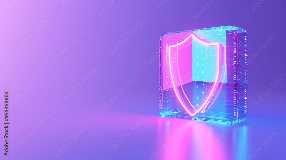 3D rendered illustration of a digital shield inside a glass block, representing cyber security and data protection. Futuristic neon style.