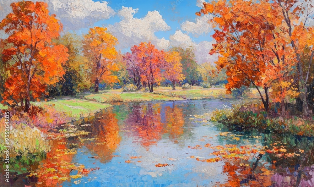 Oil painting depicting a stunning park landscape with vibrant scenery Oil painting depicting a stunning park landscape with vibrant scenery