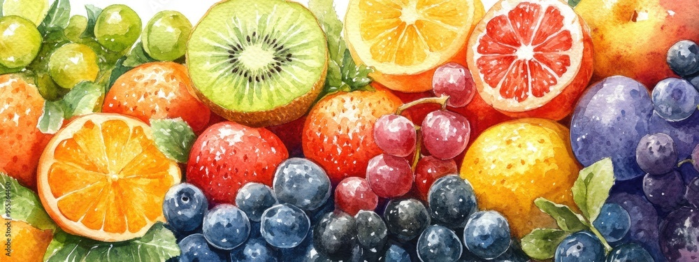 Watercolor illustration of fresh fruits from a top view perspective Watercolor illustration of fresh fruits from a top view perspective
