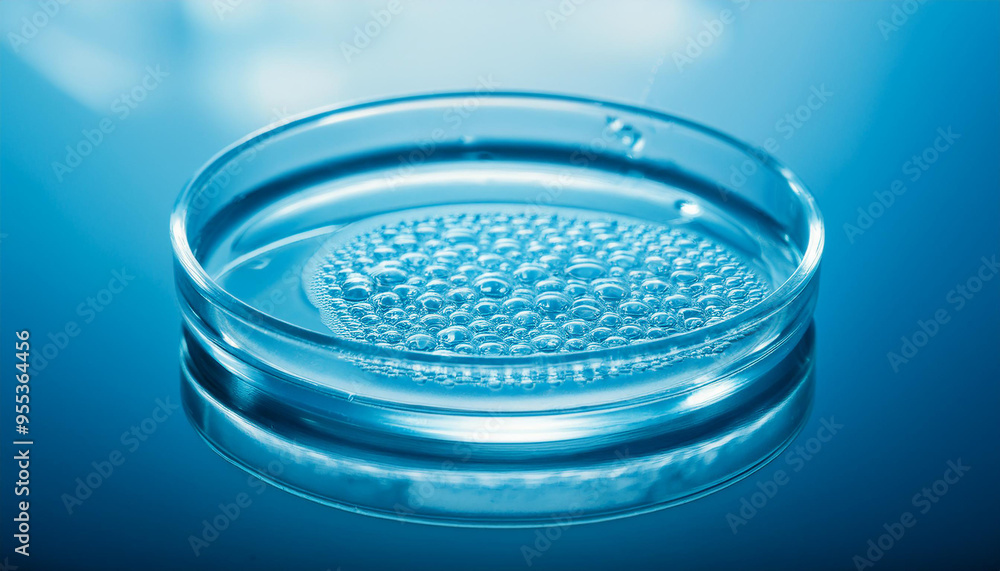 Glass petri dish with chemical liquid. Medical glassware. Pharmacy industry, pharmaceutical research Glass petri dish with chemical liquid. Medical glassware. Pharmacy industry, pharmaceutical research