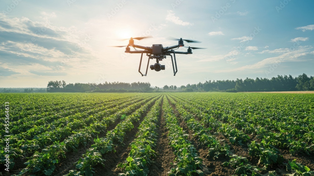 Drones fly over agricultural areas, new technology Drones fly over agricultural areas, new technology