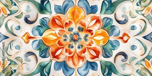 Watercolor illustration of decorative tiles featuring ornate designs Background of ethnic arabesque patterns Kaleidoscope banner representing fashion surfaces