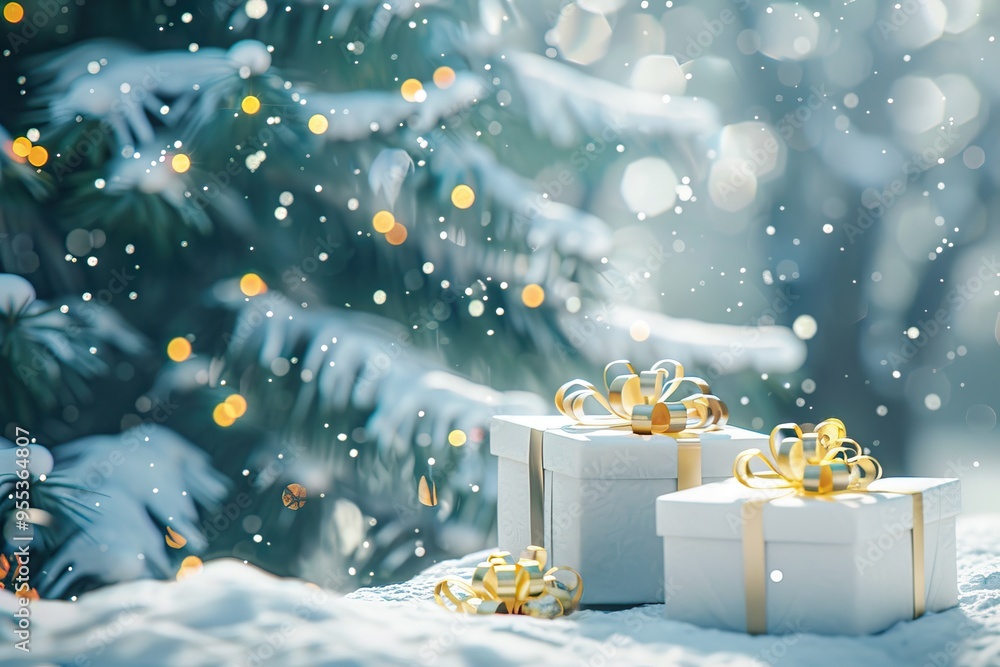 Gift boxes with golden ribbons in snowy winter landscape by a Christmas tree Gift boxes with golden ribbons in snowy winter landscape by a Christmas tree