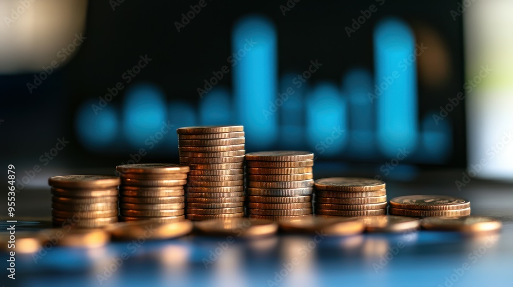 Golden stack of coins on a rising financial graph, symbolizing wealth and growth Golden stack of coins on a rising financial graph, symbolizing wealth and growth