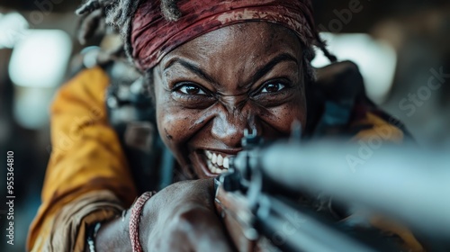 An individual dressed in yellow aims a rifle, evoking a dramatic sense of historical warfare or intense training in a vividly detailed setting.