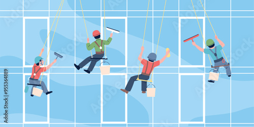 Industrial alpinists wash window. Professional climbers cleaning large panoramic window and hanging on height. Dangerous work process recent vector scene