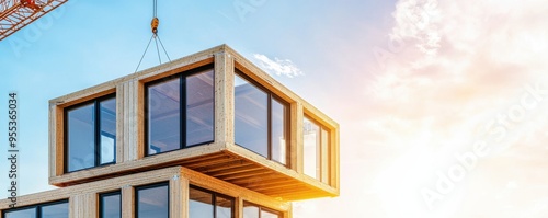 Modern construction site showcasing a modular building with large windows, illuminated by sunset, highlighting architectural innovation.