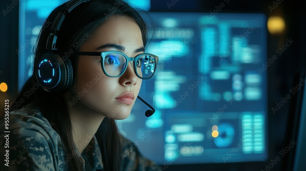 Woman with headset and glasses for questions about technology and information. cyber protection Woman with headset and glasses for questions about technology and information. cyber protection