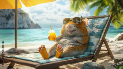  A hamster is relaxing on the beach, lying on a lounge chair under an umbrella. He is wearing sunglasses and holding a glass of orange drink photo