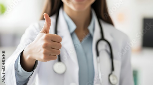 Female healthcare professional with a thumbs-up, expressing satisfaction and success in a medical setting