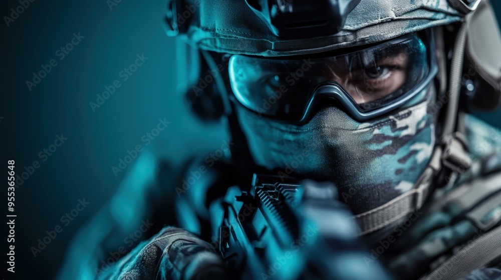 A soldier dressed in full tactical gear, gripping a weapon, standing ready in a blue-lit environment, exuding a sense of readiness and military precision. A soldier dressed in full tactical gear, gripping a weapon, standing ready in a blue-lit environment, exuding a sense of readiness and military precision.