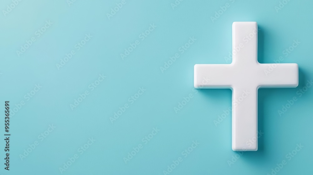 Fototapeta premium Glowing white medical cross on a light blue abstract background, symbolizing health and wellness