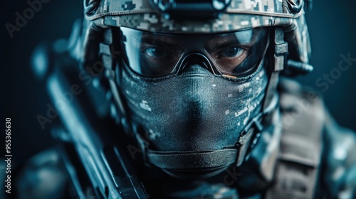 A soldier bearing full tactical gear with face obscured, holding a weapon at rest, symbolizing the strength, and dedication of military personnel in a blue-lit background. photo